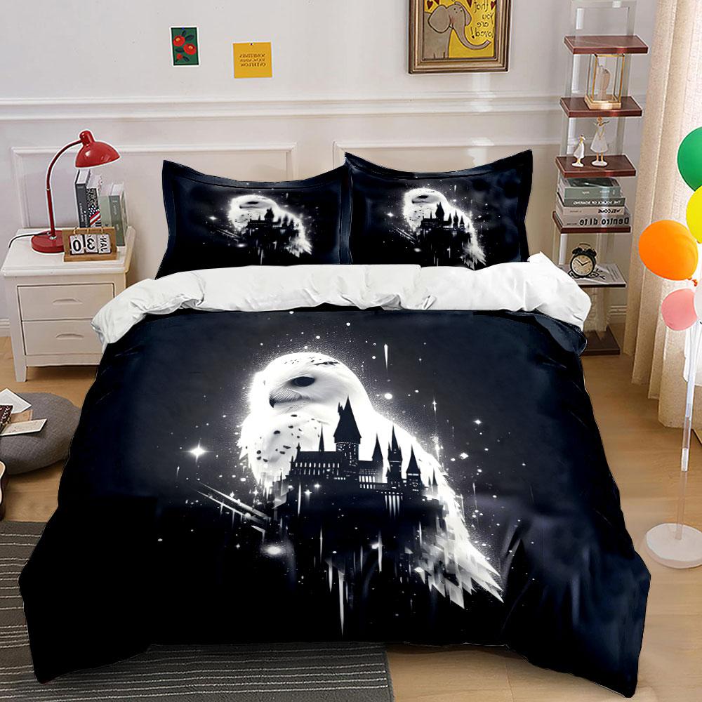 White Owl and Magical Castle Print Bedding Set 1 Duvet Cover 2 Pillowcases for Adult and Children Luxury Gift Full Size
