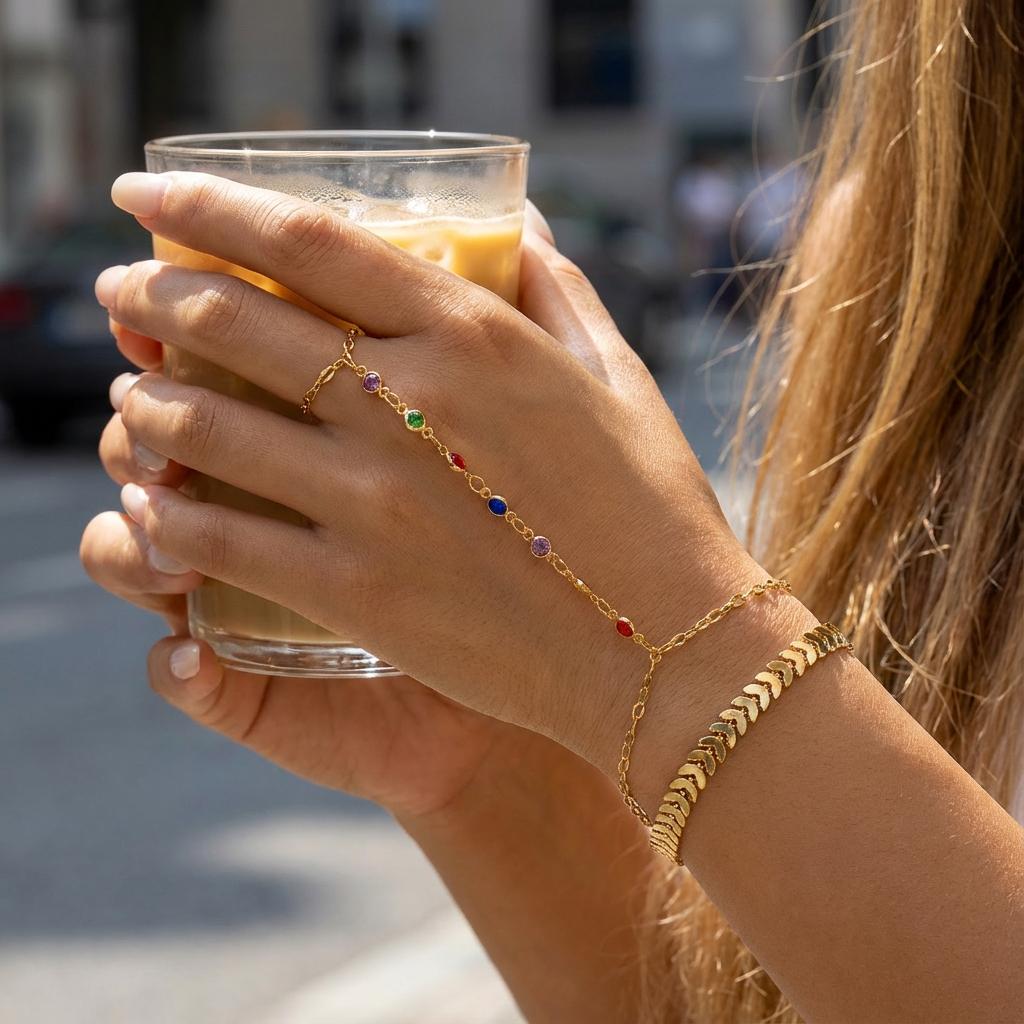 Boho Gold Color Leaf Rainbow Stone Chain Bracelet for Women Vintage Multilayer Finger Ring Hand Bracelet Fashion Jewelry Gift