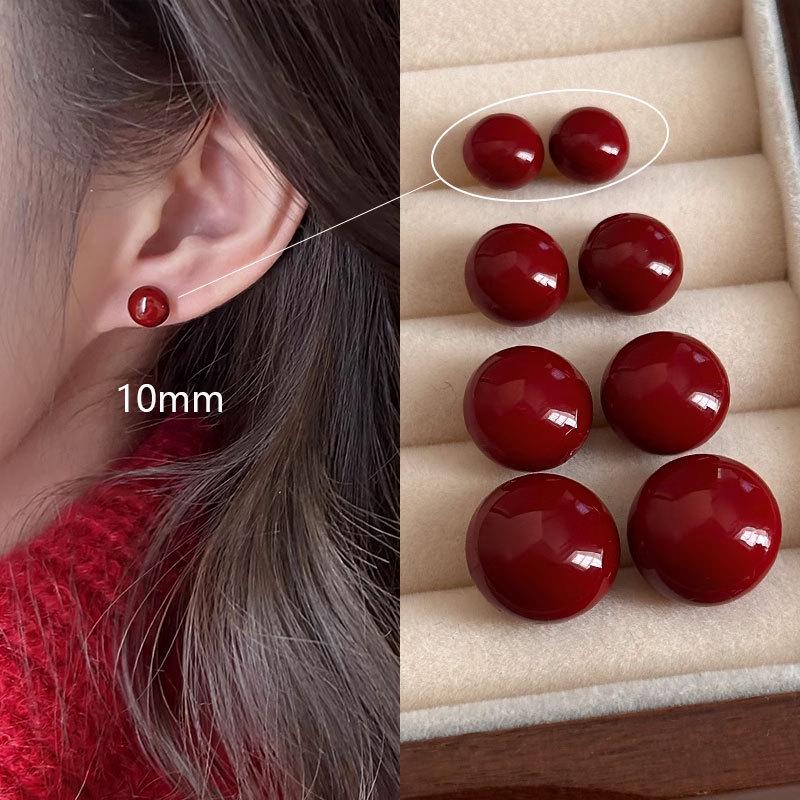Burgundy Jelly Bean Pearl Stud Earrings - New 2024 Hot Style for Women, Niche Design Cold Style.