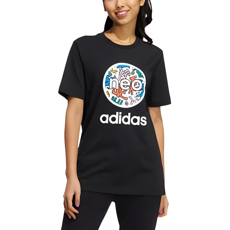 adidas Neo X Keith Haring Maglietta Sportiva a Maniche Corte con Stampa Logo Cartone Animato Unisex Top Nera HD7271