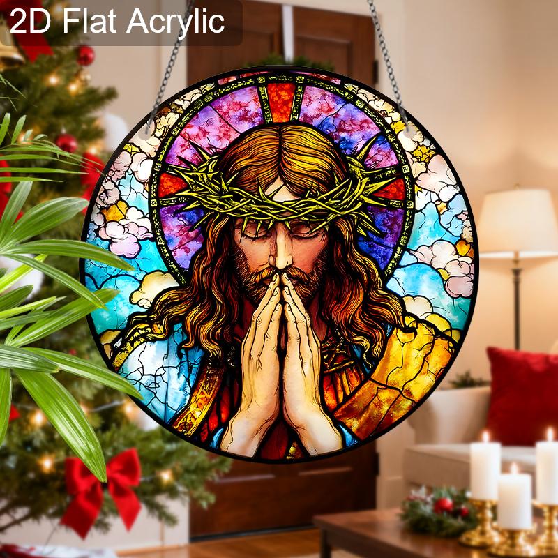 Acrylic Jesus Christ with Crown of Thorns Suncatcher, Stained Glass Effect Window Hanging Ornament for Religious Christian Decor Gifts