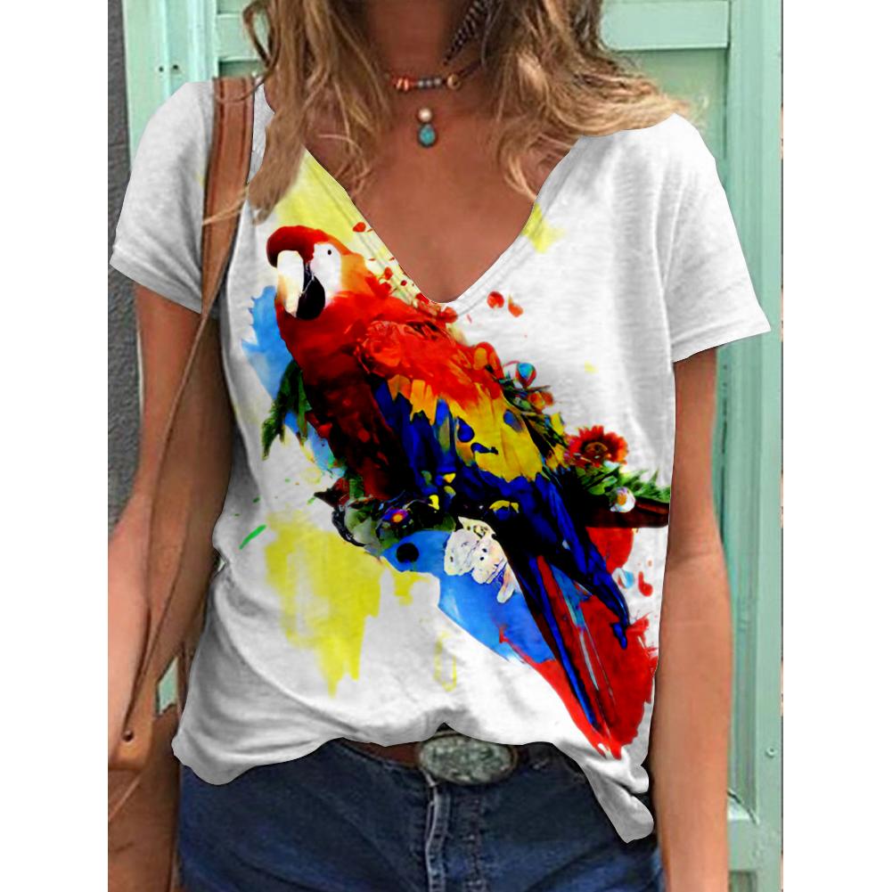 

Летняя модная женская футболка большого размера с принтом попугая, городская повседневная футболка с v-образным вырезом, женский свободный пуловер больших размеров S