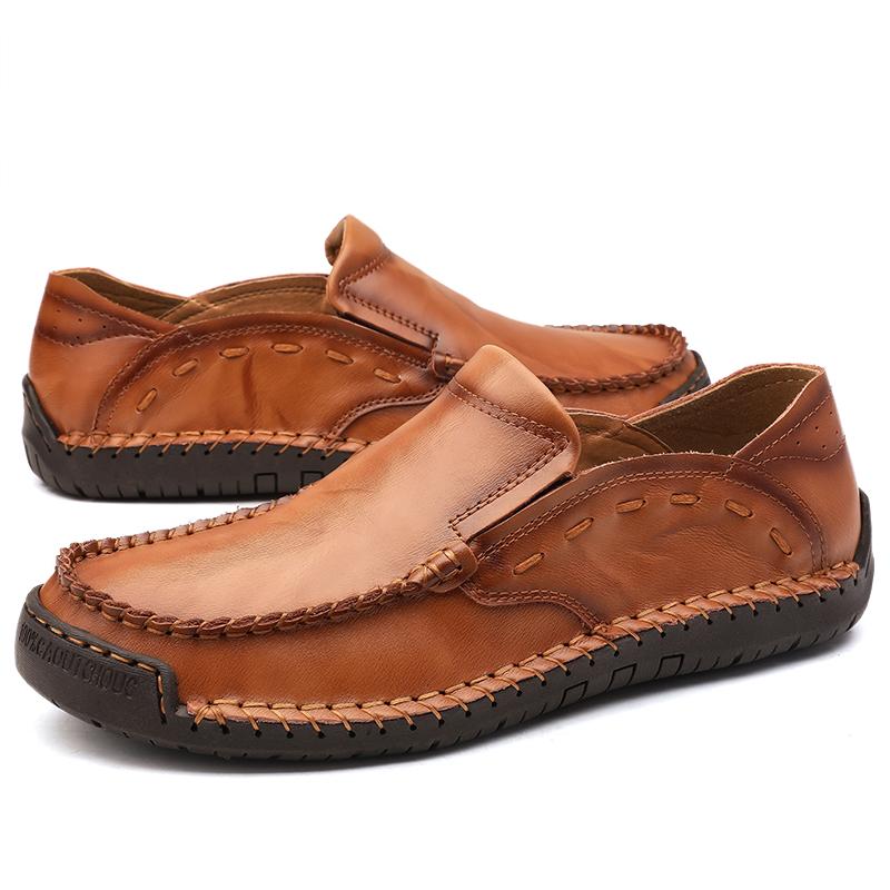 Men's Comfortable Casual Flat Heel Leather Shoes Handmade Male Breathable Vintage Trendy Slip-On Adult Footwear Walking Shoes