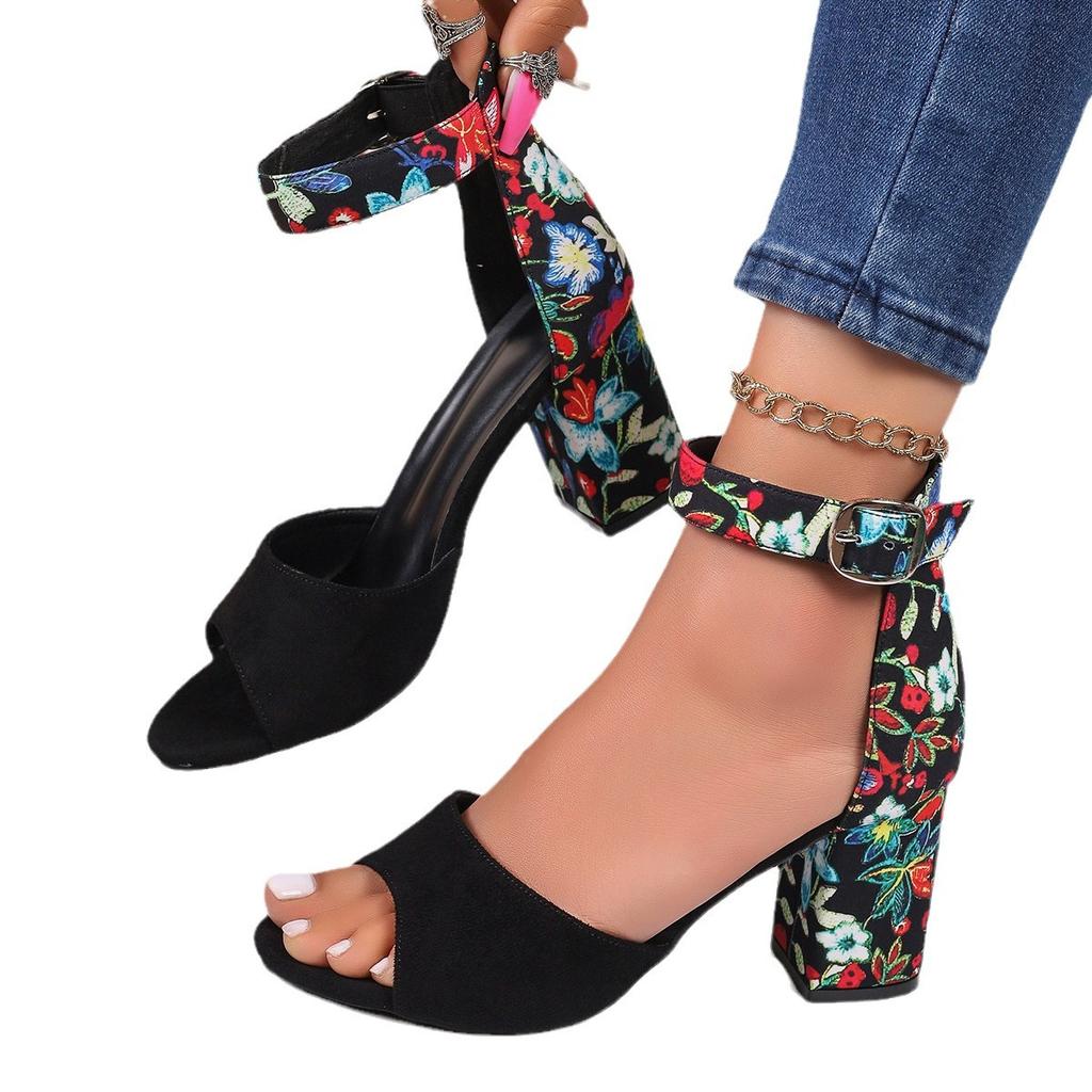 Fashion Block Heels Comfort Shoes for Women Beige Heeled Sandals Buckle Strap Large Size Open Toe Chunky Black High Big 2025 Velvet Low