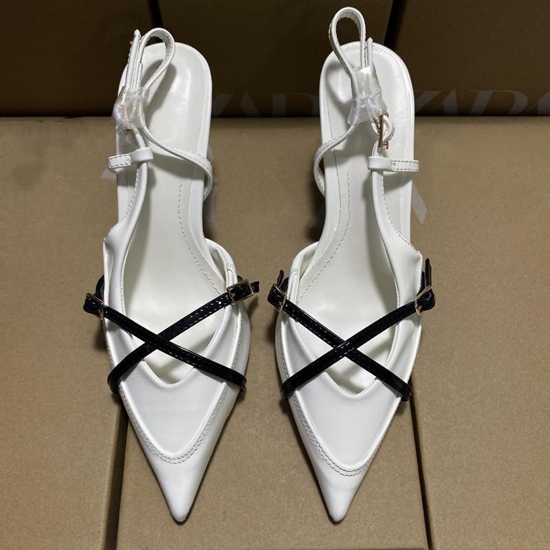 

Мода 2025 Летняя мода Разноцветный ремешок с пряжкой Женские туфли-лодочки Элегантный острый носок Искусственная кожа Слингбэки Тонкий высокий каблук Офисная обувь 42 белый