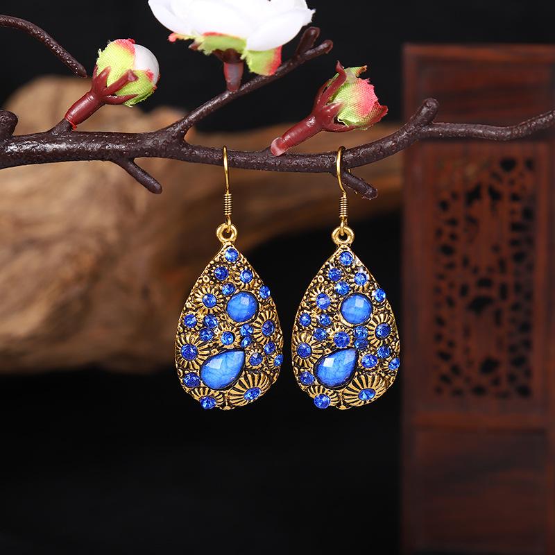 Vintage Ethnic Multicolor Rhinestone Water Drop Dangle Earrings for Women Carved Texture Antique Glod Color Earrings Jewelry