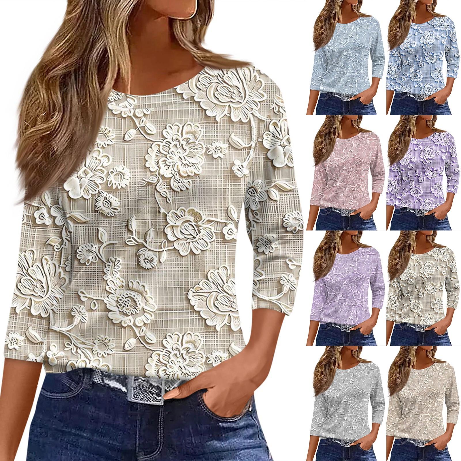 

Women s Fashion Casual Round Neck 3/4 Sleeve Loose Printed T-Shirt Ladies Top S