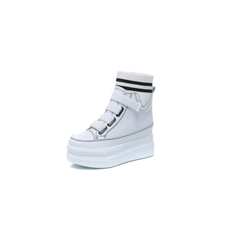 Fashion Spring Autumn Women High Top Sneakers Breathable Thick Sole Chunky Sneakers Ankle Boots 8cm Platform Booties Wedge Boots White