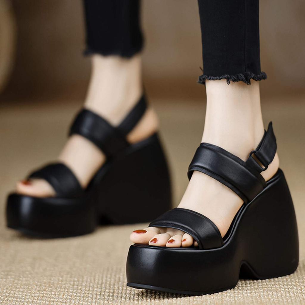 Krazing Pot Sheepskin Peep Toe Thick High Heels Platform Summer Shoes Hook Loop Casual Women Sandals