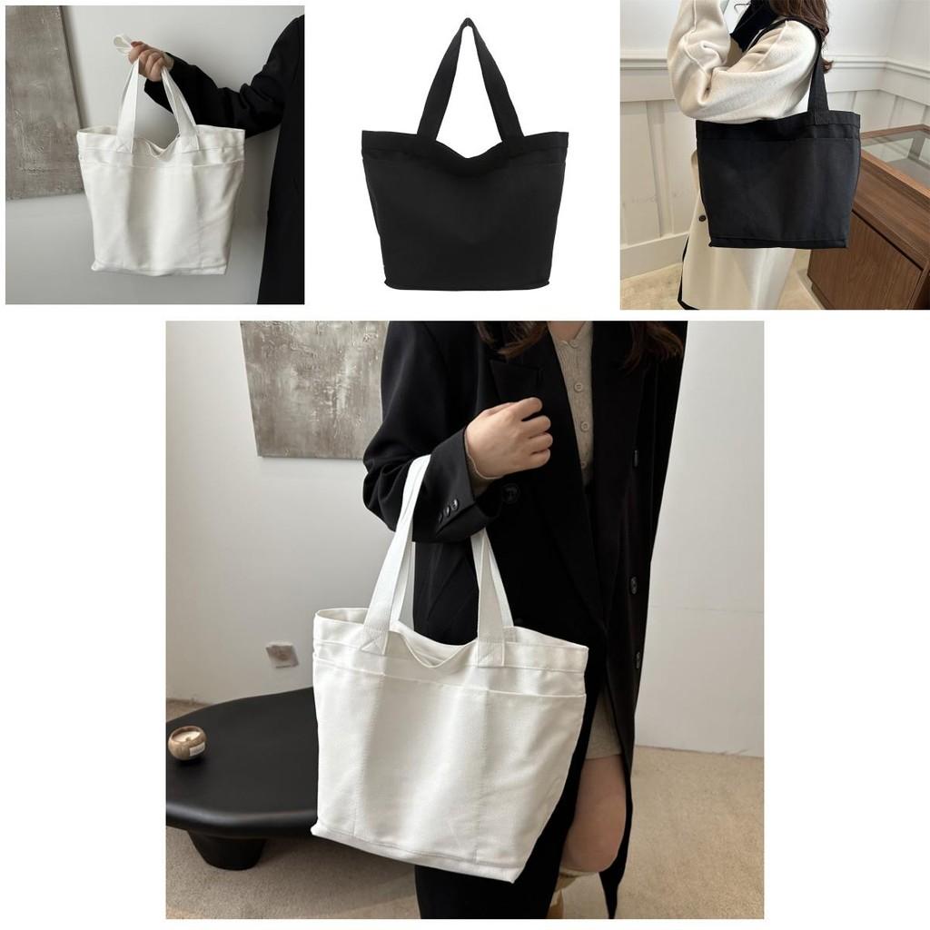 Large Capacity Minimalist Korean Style Solid Color Canvas Tote Bag For Women In Black And White