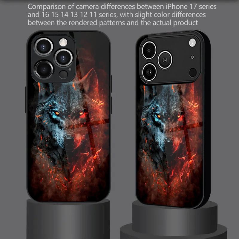 Ice Fire Wolf Pattern 2D Phone Case for iPhone 17 16 15 14 13 12 11 X XR XS Max Pro 8 plus - Glass Protective Cover