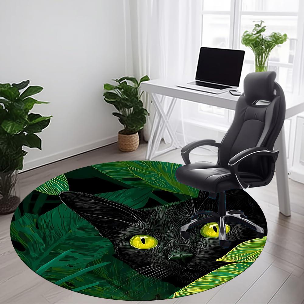 1PC Black Cat, Jungle Office Round Area Rug, Indoor Mat Suitable ForOffice, Under Office Chairs Bedroom Living Room Home Decor, Room Deco g089