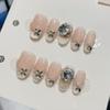 10Pcs Cute Cat Eye Almond Fake Nails Blue Shiny With Small Rhinestones Nude Short Oval Finished Artificial Manicure