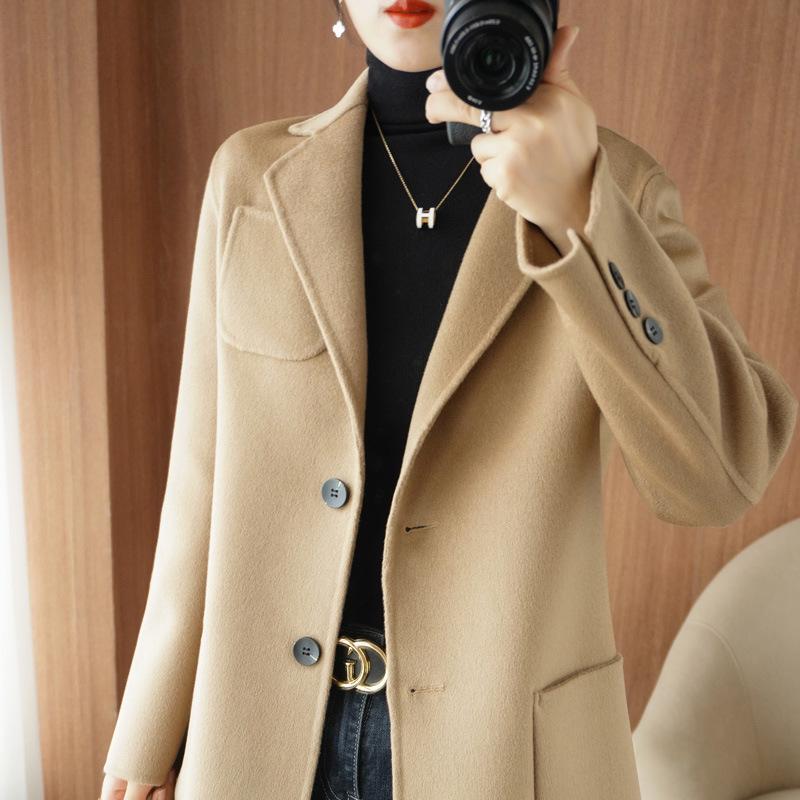 Women's Slim Fit Double-Faced Wool Coat - Short Style with Small Lapel for Autumn & Winter