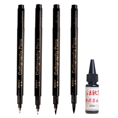 4 Stück wiederbefüllbare weiche Pinselstifte mit feiner Spitze und 25 ml schwarzer Tinte zum Skizzieren und Schreibenlernen