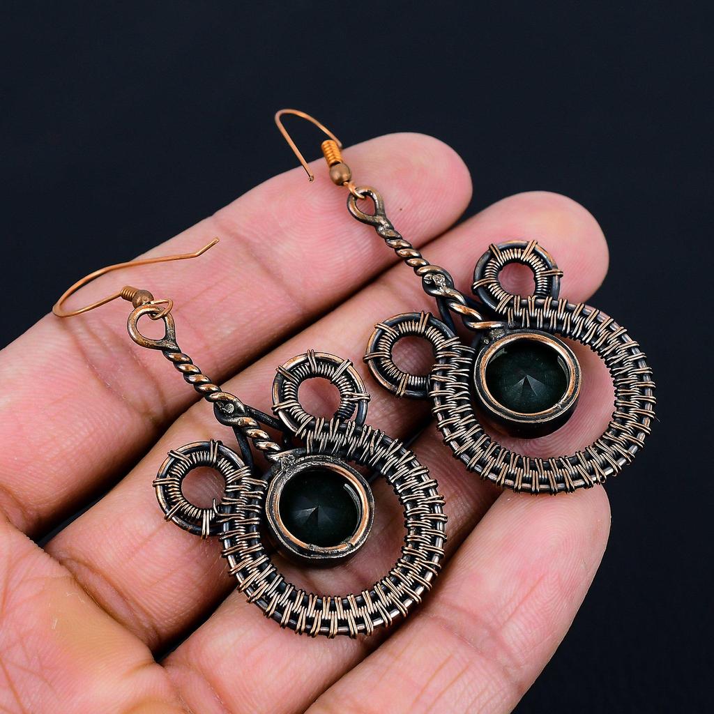 Lab-Created Emerald Gemstone Handmade Pure Copper Wire Wrapped Earrings Jewelry
