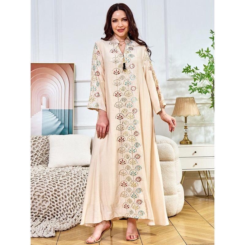 

Ближневосточный халат с пайетками, вышивкой и кисточками, большого размера, платье Дубай, арабское платье, индонезийское женское платье Apricot color M