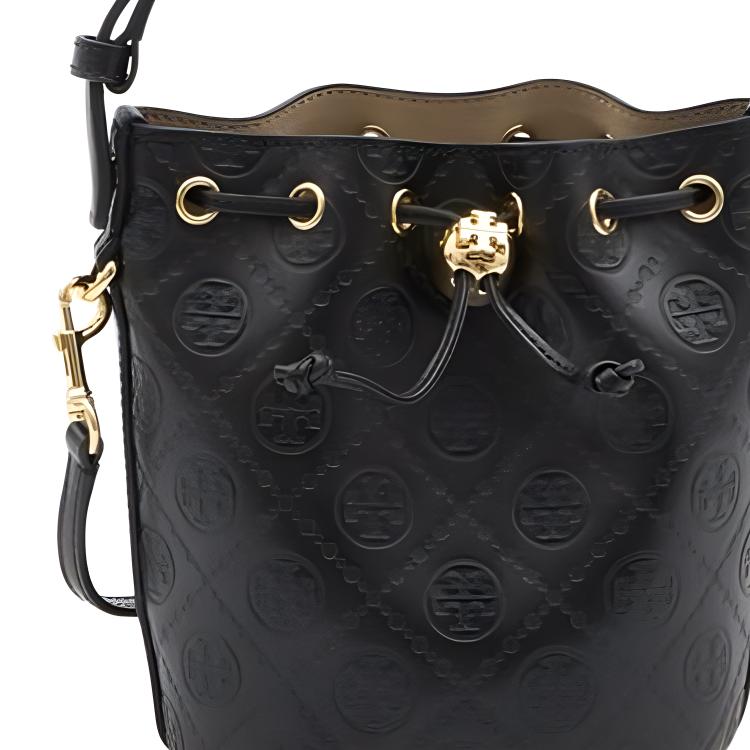 Tory Burch T Monogram Letter Pattern Leather Bucket Bag Mini Women Bags Black 158530-001