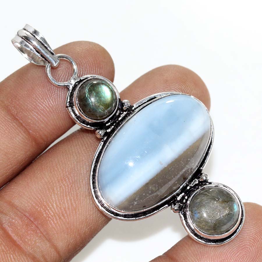 Long Owyhee Blue Opal Fiery Labradorite 925 Silver Plated Pendant 2.3" Trendy O0U54