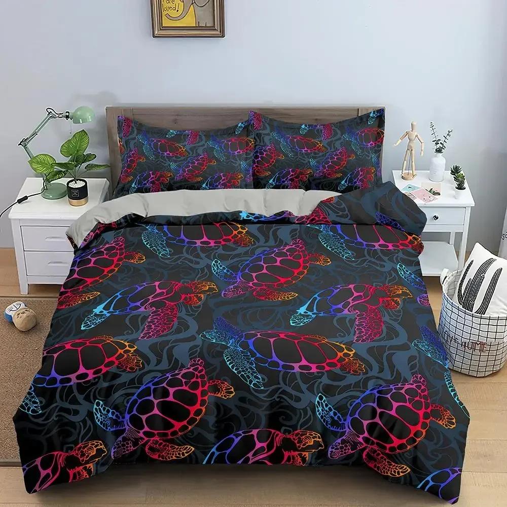 3D Havssköldpadda Psykedeliskt Djur Bekvämt Täcke Quiltöverdrag Örngott Sängkläder Set Barn Sovrumsdekoration Hemtextil