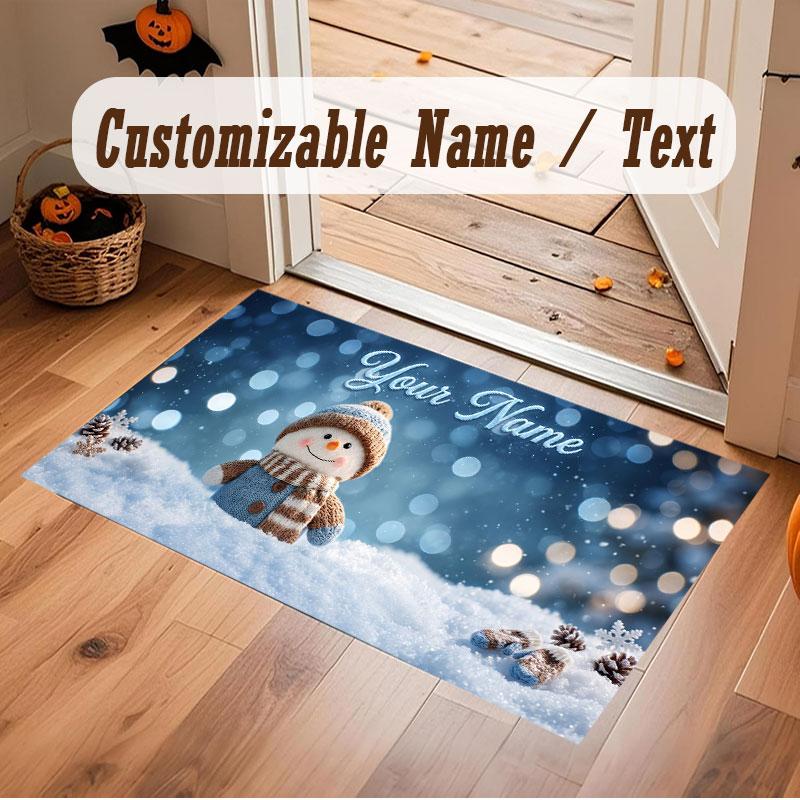 Christmas Winter Theme Crystal Velvet Floor Rug Personalized Custom Name Text Warm Carpet Home Decoration