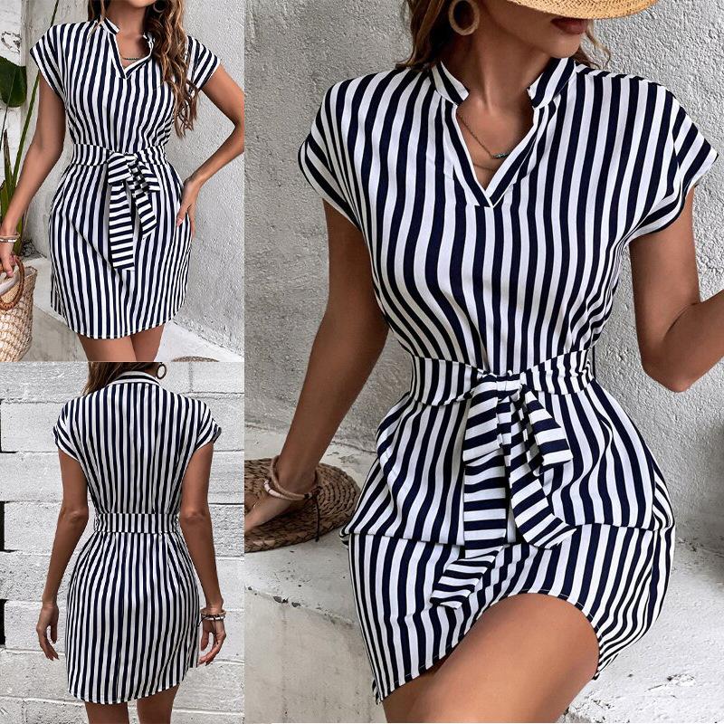 Women's Dolman Sleeve V-neck Striped Lace-up Short Dress