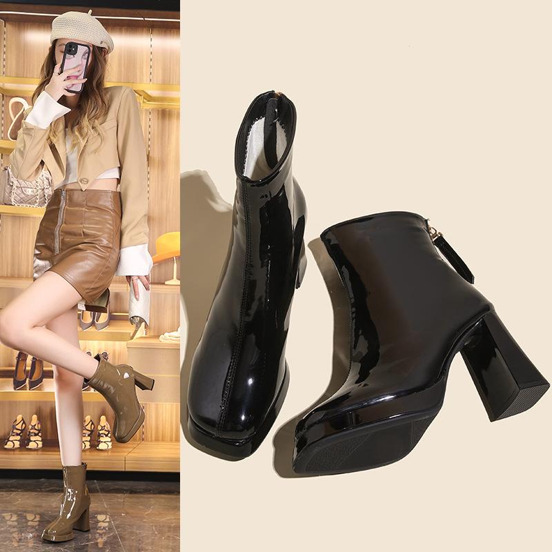 Autumn and winter new Martin boots women's square head high heel thick heel rear zipper short boots patent leather high heel single boots fashion