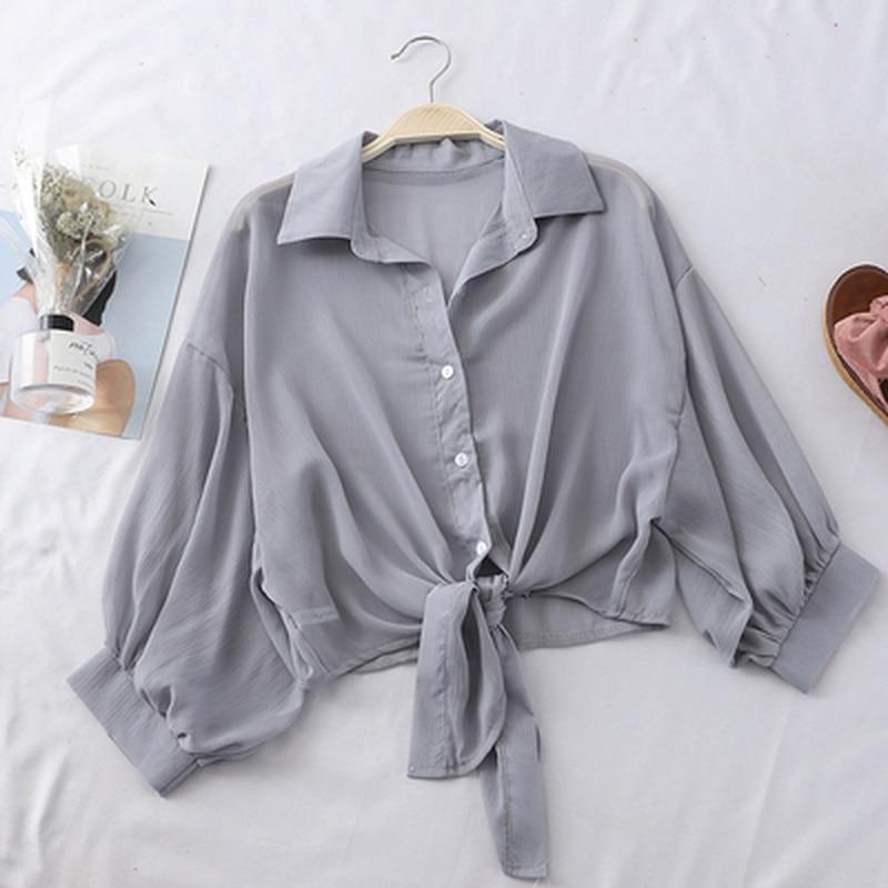 Camicia a Maniche Corte in Chiffon Abbottonata Blusa Casual Ampia da Donna Camicie Semplici Estive Vita Annodata Bluse Eleganti da Donna