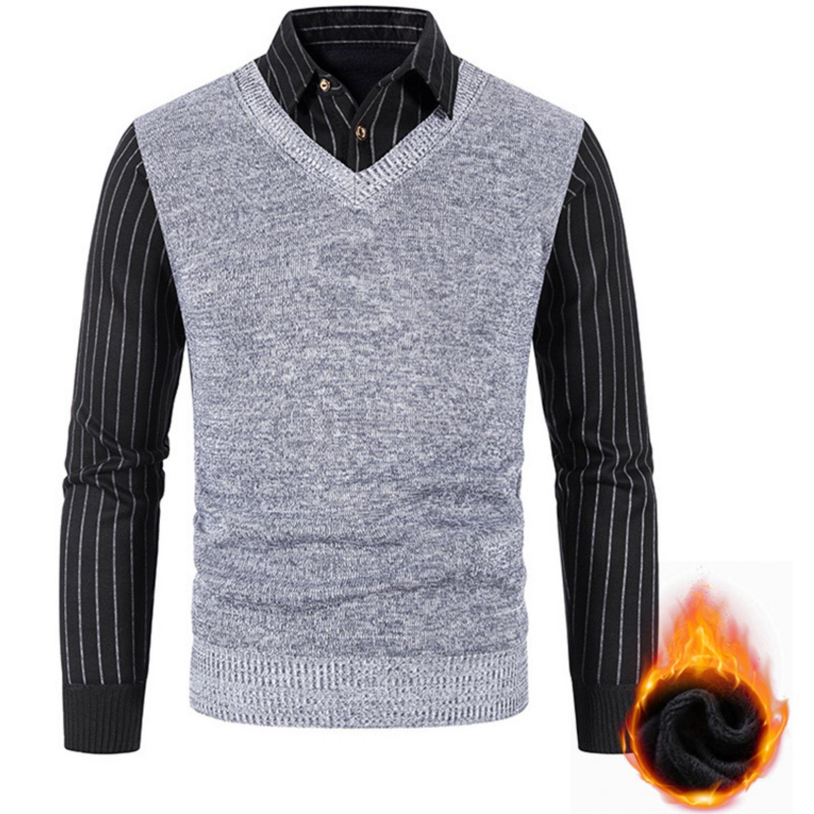 

Men s Solid-color Casual V-neck And Square Neck Pullover Knitted Sweater, Men s Fake Two-piece Striped Neck Long-sleeved Sweater XXL