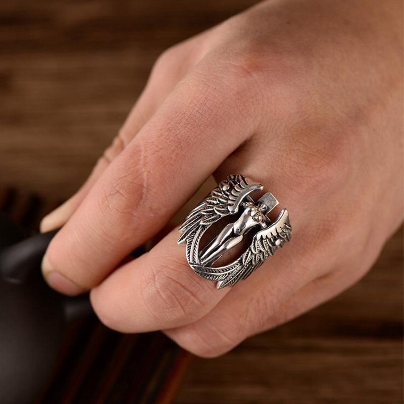 Retro Cross Angel Wings Ring For Men Silver Color Punk Gothic Open Ring Handmade Rock Hiphop Unisex Jewelry Accessories Man Gift