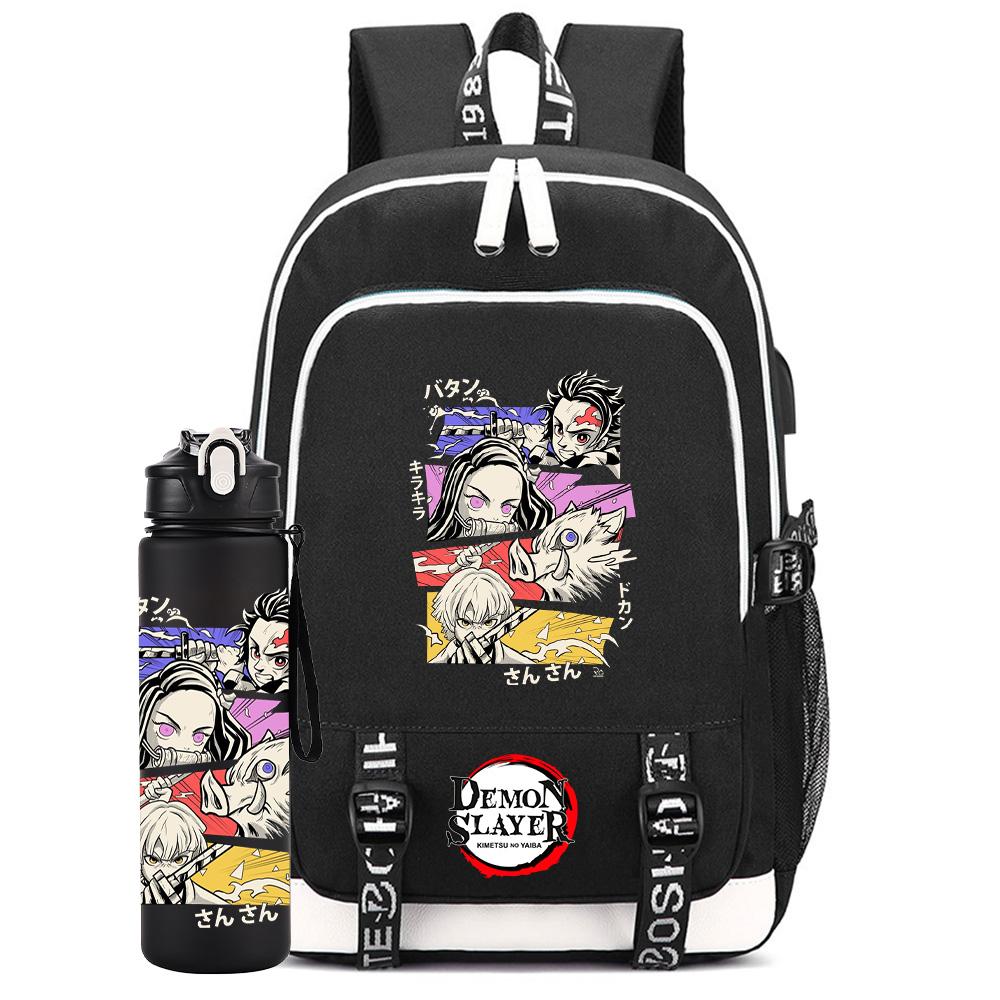 2Pcs/set Anime Demon Slayer Printed Backpack Large Capacity Waterproof Bookbag With 750ml Water Bottler Laptop Student Boy Girl Bookbag Gift
