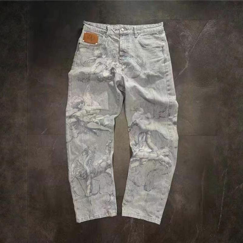 STREETRICH High Waist Slim Fit Comfortable Men's Denim Jeans Artisanal Craftsmanship Loose Style Long Pants Hand-Painted Washed Print