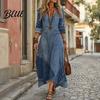 Versatile Women's Dress Denim Print Maxi for Women Casual Long Sleeve V Boho