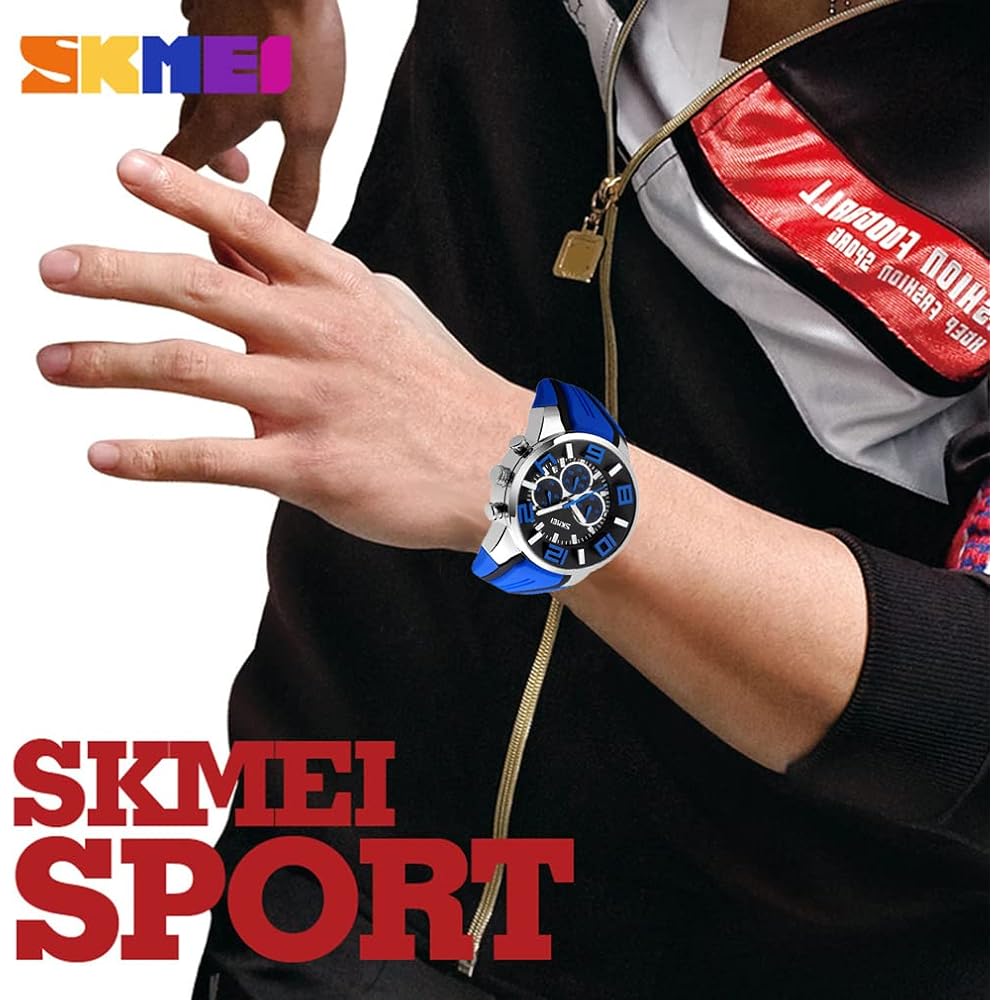 Men's Big Face Analog Chronograph Watch Blue Silicone Waterproof Sports Design