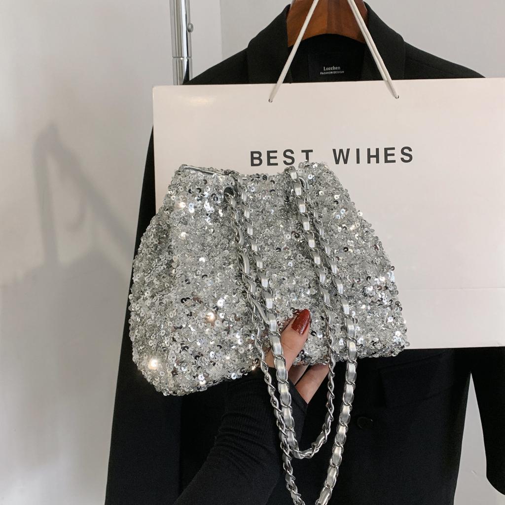 Summer New Portable Shoulder Bag Solid Color Sequins Commuting Niche Design Trendy Women's Bag Handbag Wholesale