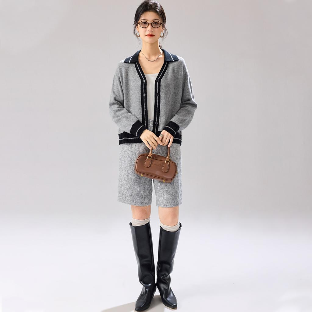 100% Sheep Wool Thickening Autumn and Winter Women's Color Contrasting V-neck Cardigan Woolen Sweater