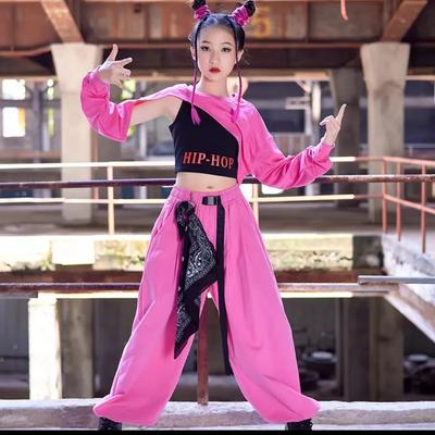 Jazz-Tanz-Auftrittskostüm für Mädchen: Koreanischer Stil Design mit einzigartigem Oberteil + Hose Hip-Hop Zweiteiler Set