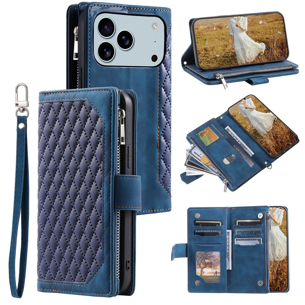 Pour iPhone 17 Pro Max Étui Portefeuille Ligne de Coutures Losanges Cuir PU Housse de Téléphone avec Dragonne