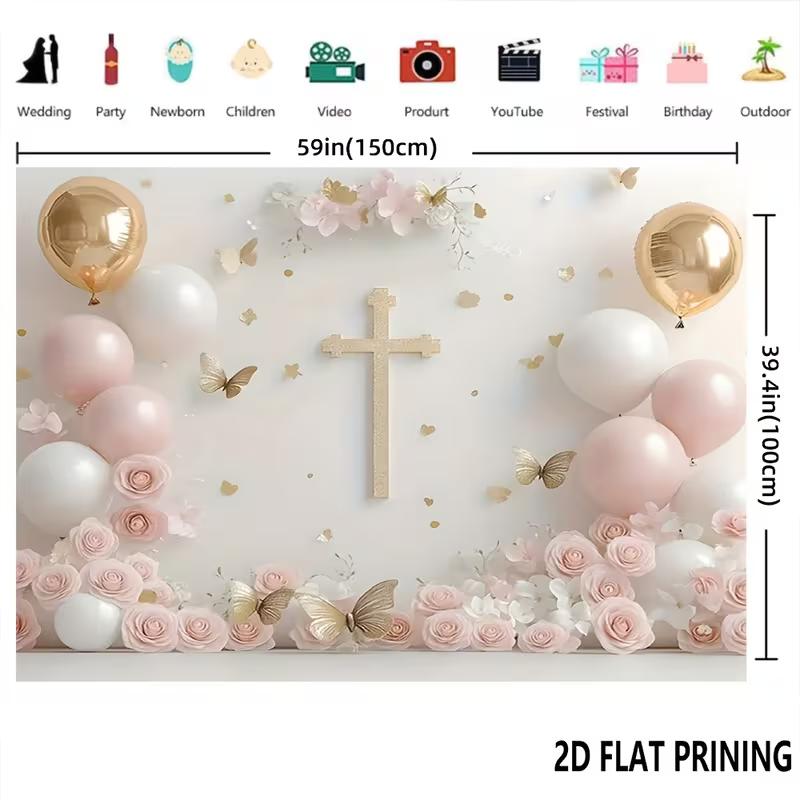 2D Pink Gold Cross and Balloons Studio Background for Religious Party