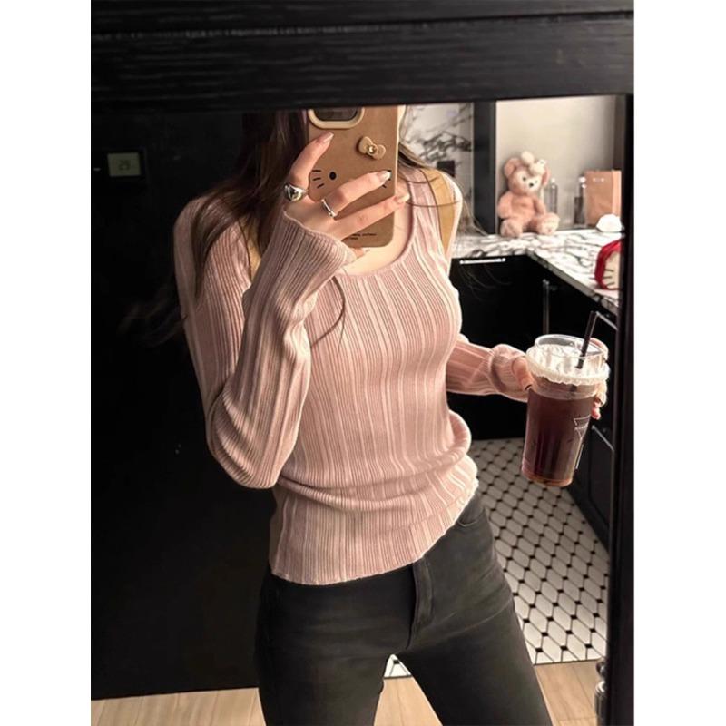 Versatile Simple Solid Color Knitted Slim-fitting Long-sleeved Shirt Women's Early Autumn New Skin-friendly Bottoming Shirt Top