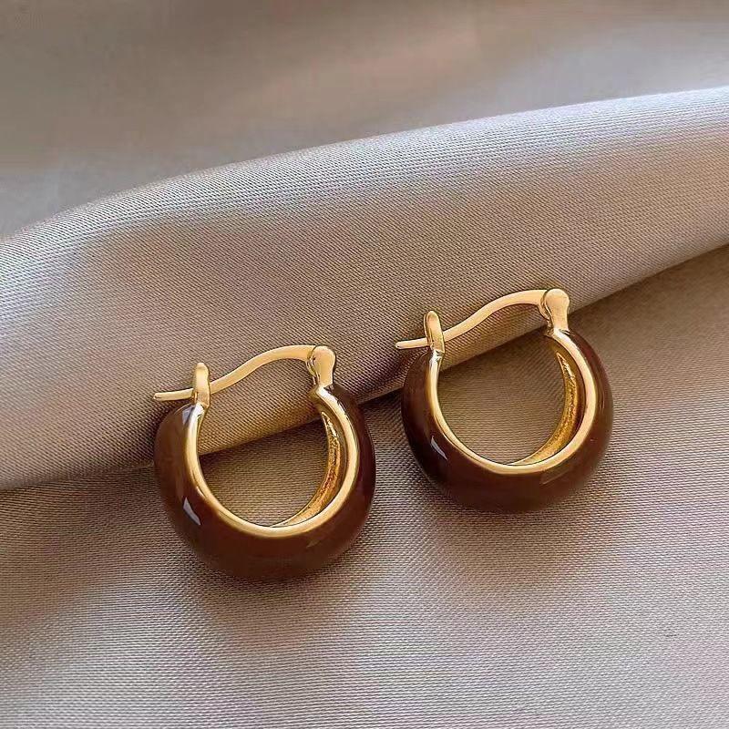 Brown Drip Glaze Enamel Hoop Earring For Women French Retro Style Gold Plated Geometric Round Ear Decoration Trendy Jewelry Gift