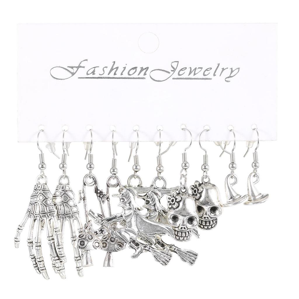 5-Piece Halloween Silver Spider, Skull, Pumpkin Earrings