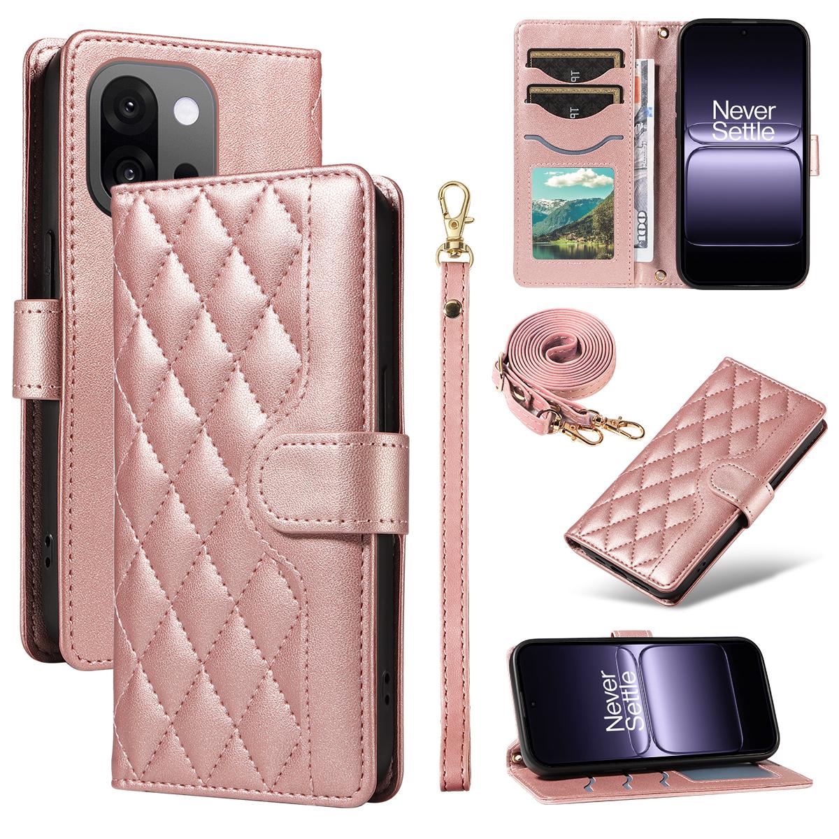 

For OnePlus 13T 5G Wallet Case Rhombus Leather Phone Cover with Strap Rose Gold