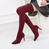 Autumn Winter Cozy Thigh High Sock Boots Women Black Stretch Fabric Pointed Toe Thin High Heel Over The Knee Slip on Botas Shoes