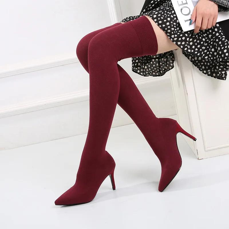 Autumn Winter Cozy Thigh High Sock Boots Women Black Stretch Fabric Pointed Toe Thin High Heel Over The Knee Slip on Botas Shoes