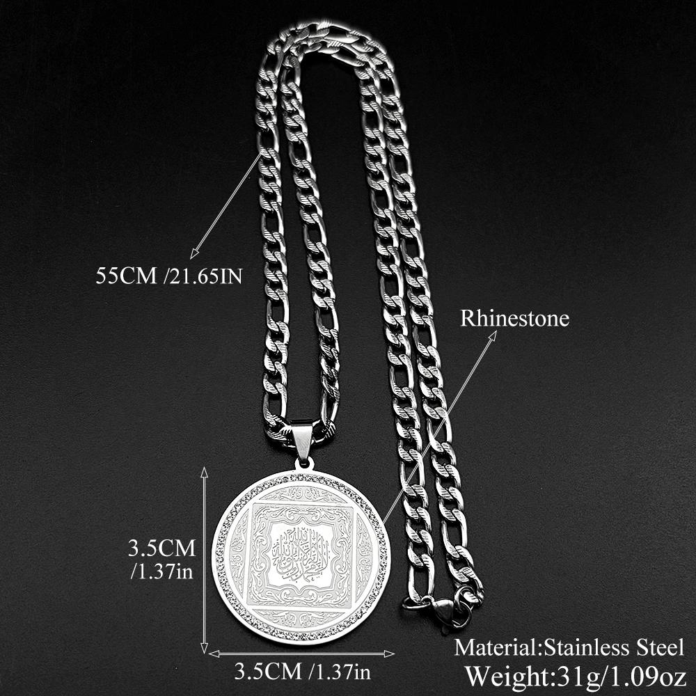 Arabic Quran Islam Muslim Round Pendant Necklace For Women Men Stainless Steel Gold Color Rhinestones Hip Hop Chain Jewelry