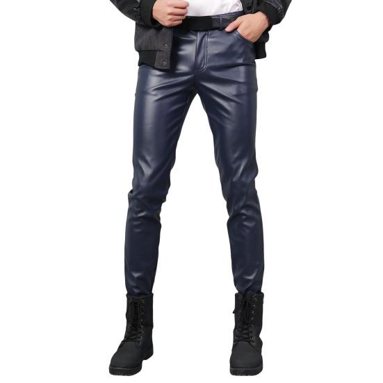 Men Faux Leather Pants Mid Waist Slim Fit Smooth Button Zipper Placket Solid Color Waterproof Hip Hop Style Streetwear Party Club Performance Trousers