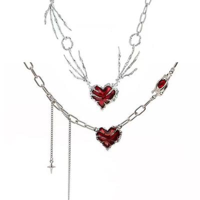 Gothic Ghost Claw Red Heart Necklace Irregular Love Chain Unisex Punk Jewelry Accessories