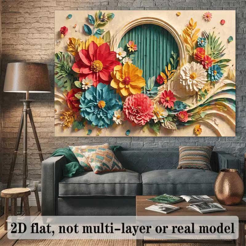 

2D Flat Vibrant Flower Banner, Red Yellow Blue Flowers with Teal Door for Bohemian Home Decor 47.2x31.5inch/120*80cm