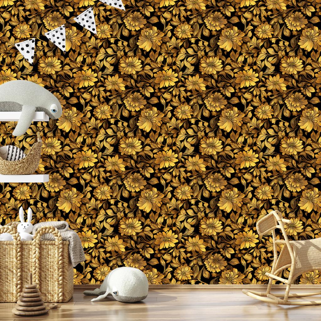 Golden Hibiscus Wallpaper Ochre and Gold, Clear Detail 50x1000